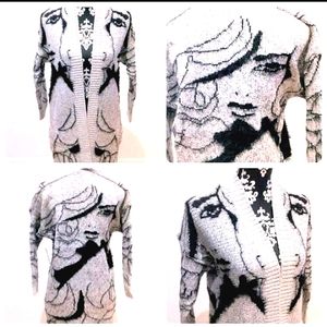 Long open cardigan, abstract face print grey & black NWT